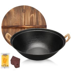 WANGYUANJI 14.2" Handmade Wok, Cast Iron Wok Pan, Large Flat Bottom Wok Stir with Dual Handle and Wooden Lid, Suitable for All Cooktops