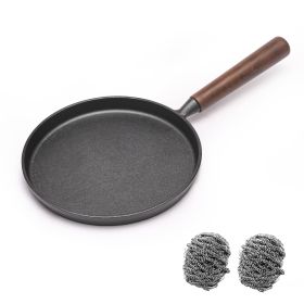 WANGYUANJI Cast Iron Pizza Pan 7.9", Uncoated Pancake Skillet for Indoor and Outdoor, Non-Stick Skillet with Wooden Handle, Handmade Pancakes, Pi