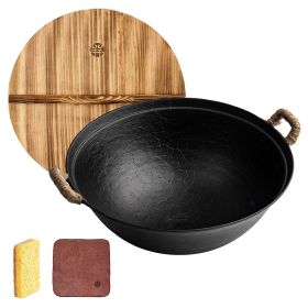 WANGYUANJI 14.2"Handmade Cast Iron Wok, Chinese Traditional Round Bottom Wok with Dual Handle, Suitable for All Cooktops